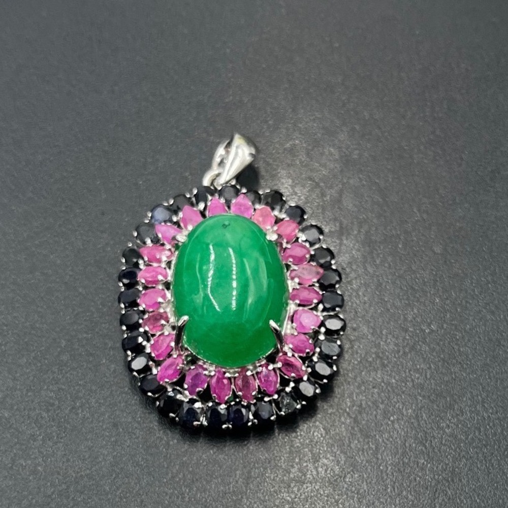 Double Halo Pink Blue Sapphire Oval Green Jadeite Cabochon Sterling Pendant